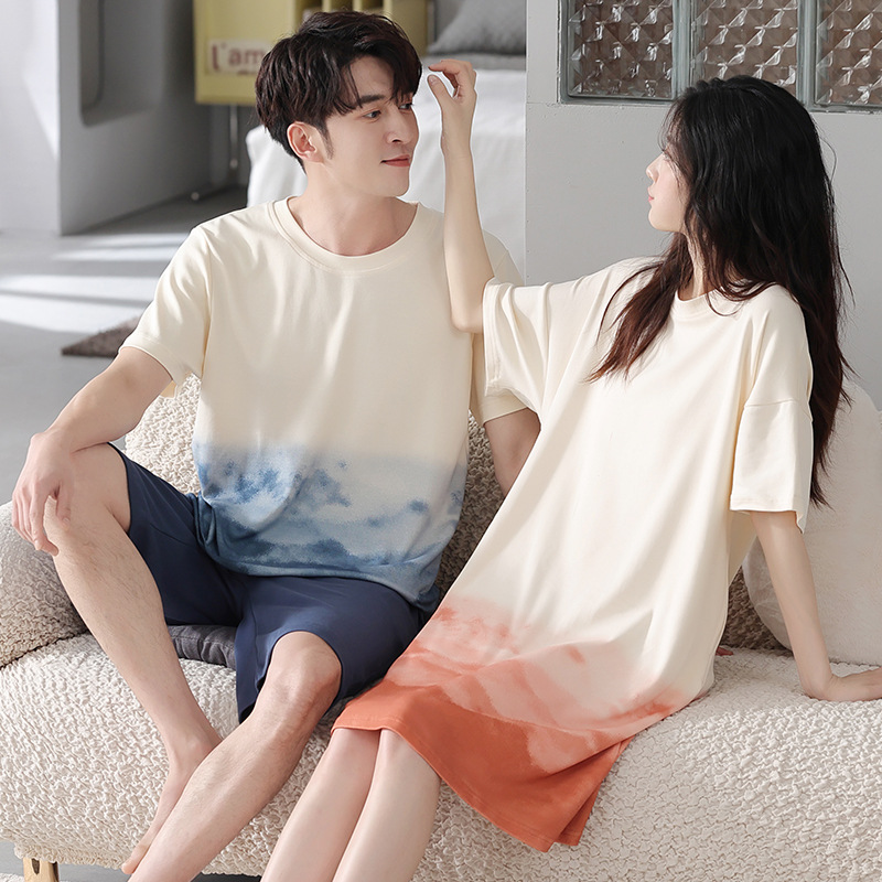 情侣睡衣夏纯棉短袖睡裙女夏季新款全棉家居服男士薄款套装  批发