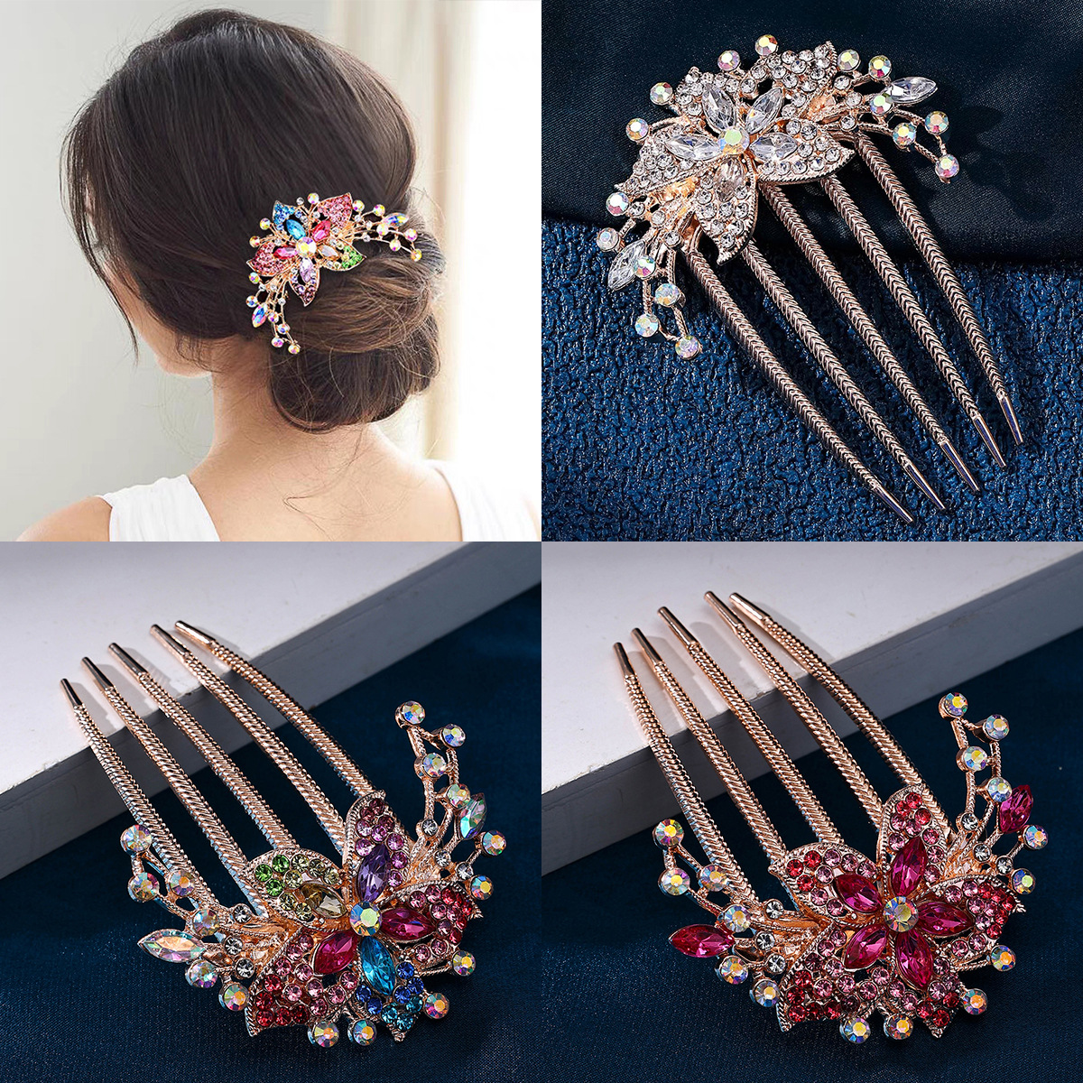 New Korean version of alloy color water diamond hair accessory, crystal five-toothed comb, hair clip, ponytail bun, hair fork, headwear and hair plug comb