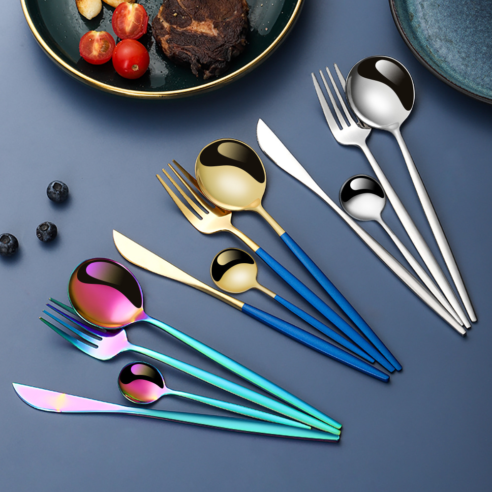 Cross-Border Source Stainless Steel Knife And Fork 24-Piece Portuguese Tableware Set Golden Creative Western Steak Knife, Fork And Spoon details Picture