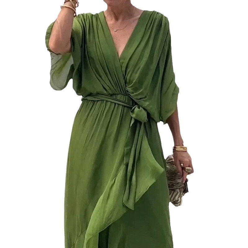 2024 New European and American women's clothing cross-border Amazon solid color long dress with bat sleeves, irregular dress, large size Item Picture