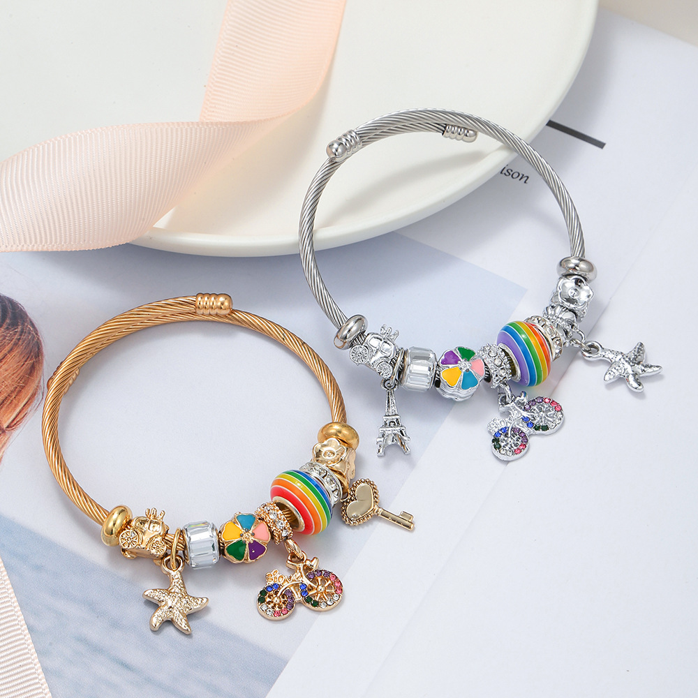 Oly Magic Bracelet 6778 Diy Stainless Steel Bracelet Pan Style Bracelet Color Bicycle Bicycle Pendant Childhood Bracelet Jewelry Wholesale Specification drawing