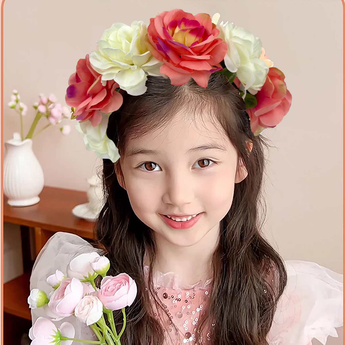 Spring and summer simulated flower hairpins, flower headbands, oversized rose headwear, girls' Hanfu, photography, hair accessories, and accessories for girls Specification drawing