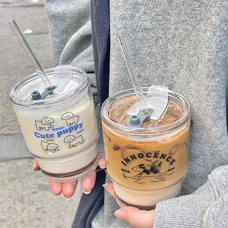 Korean Design Cartoon Dog Glass Bamboo Cup Straw Water Cup Coffee Cup Breakfast Cup With Cover Couple Cup details Picture