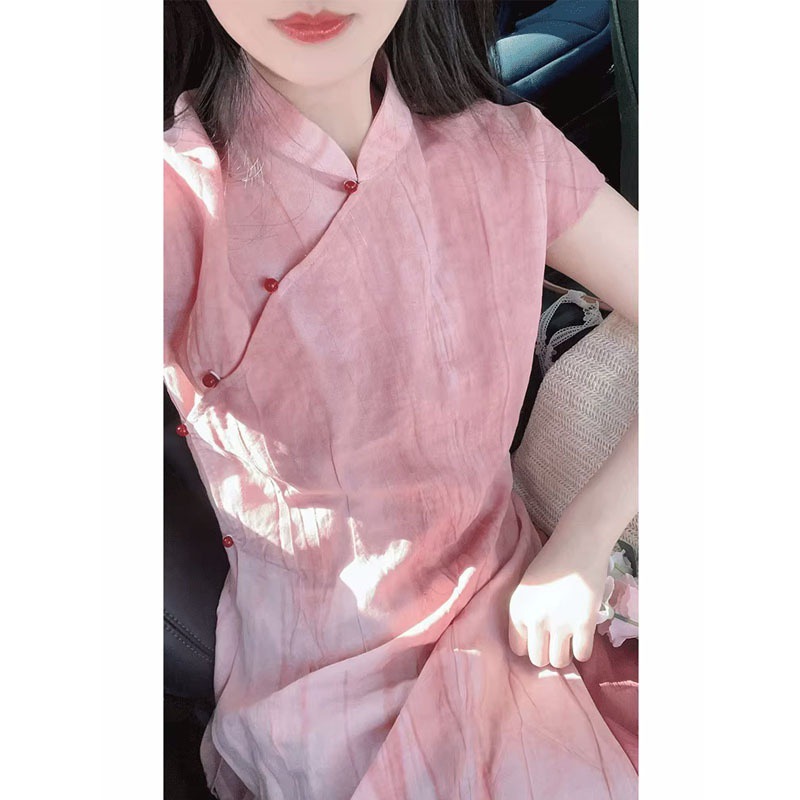 新中式女装蜜桃粉色国风立领改良旗袍春夏新款连衣裙仙女超仙森系图