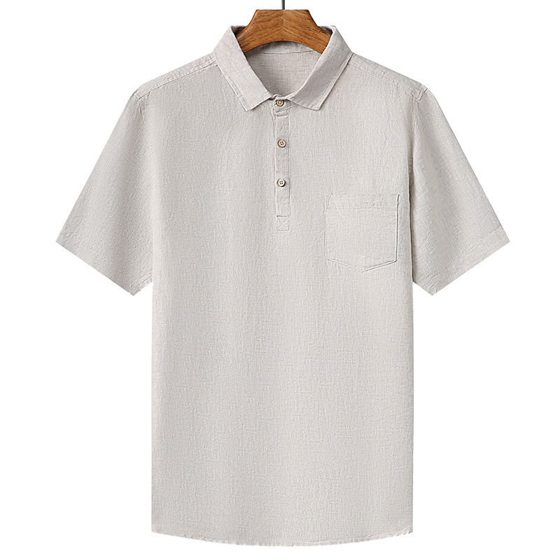 100% linen short-sleeved T-shirt, men's lapel, solid color, breathable, new summer Chinese-style, trendy top for middle-aged and young people Item Picture