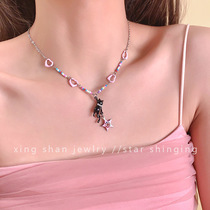 Black Cat Pink Star beaded necklace Female Summer y2k Spice Girls cute hundred with decorative design feeling sweet cool collarbone chain