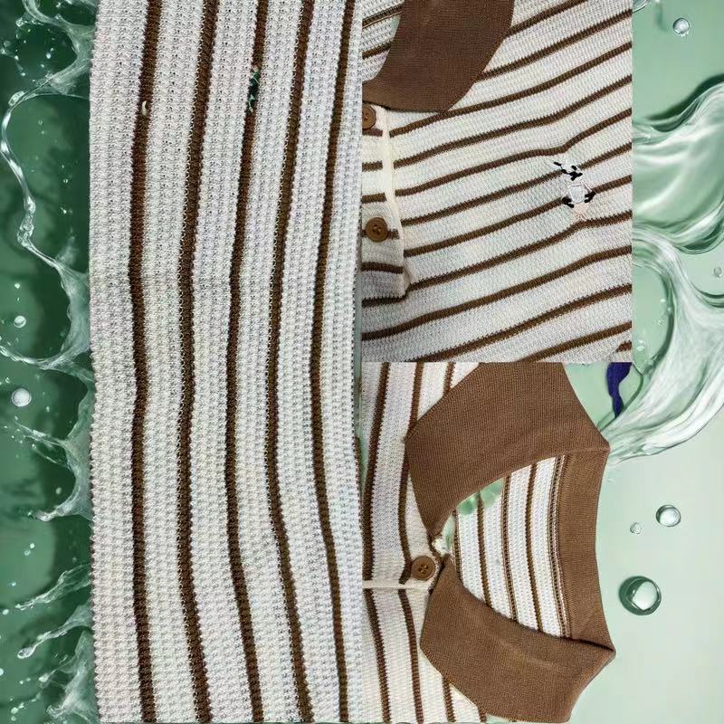 This year, ice silk short-sleeved summer striped T-shirts are in vogue. Women's little rabbit embroidered color-blocking button polo collar knitted sweaters are thin pic 17