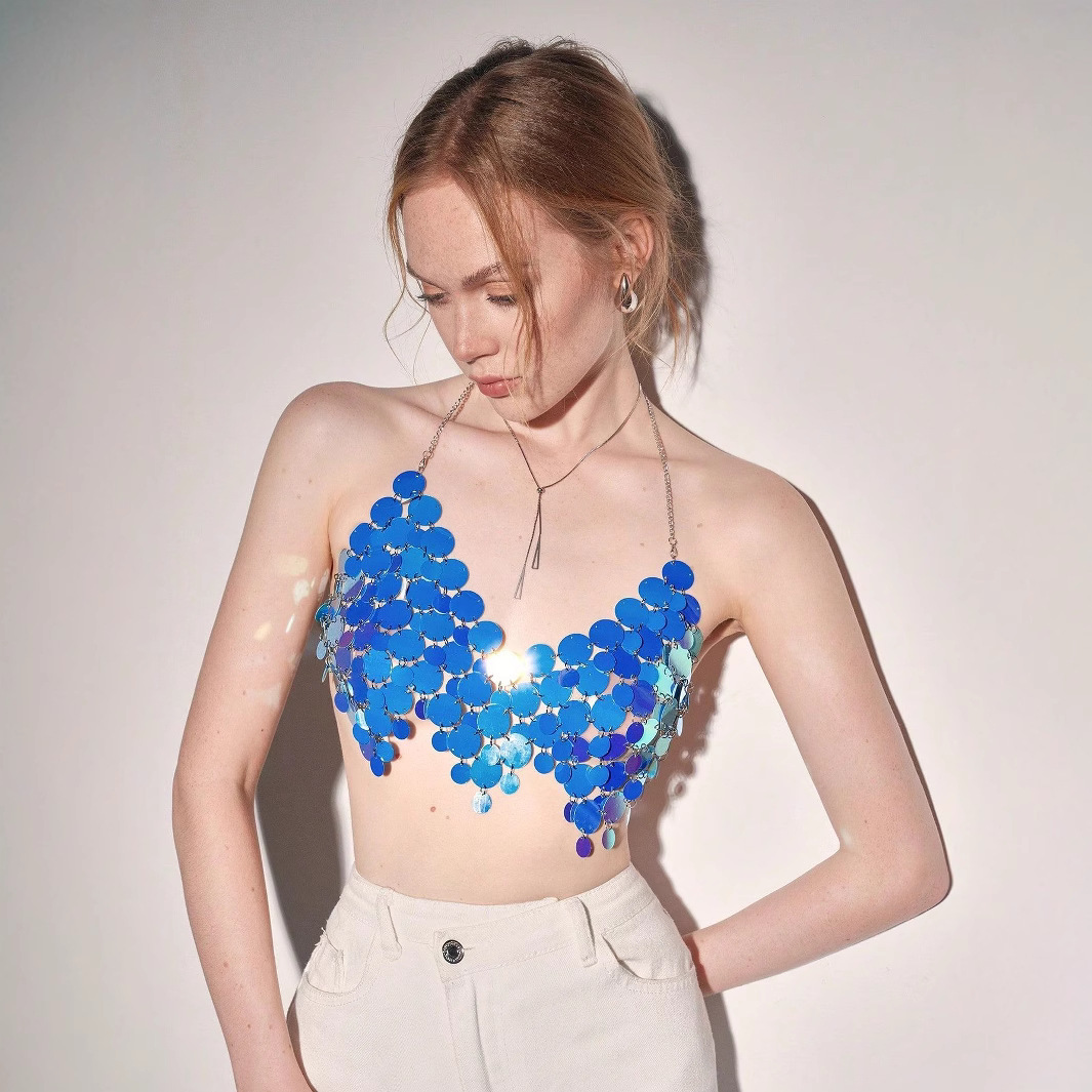 2023 New ins Factory Direct Nightclub Sexy Sequined backless chain women's vests from Europe and America details Picture