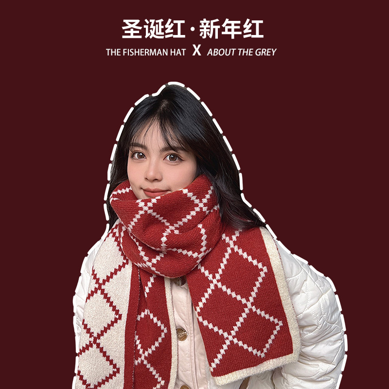 Christmas Red Knitted Scarf For Women Winter New Korean Version Of The New Year Checkered Bib Couple Warm Shawl For Men details Picture