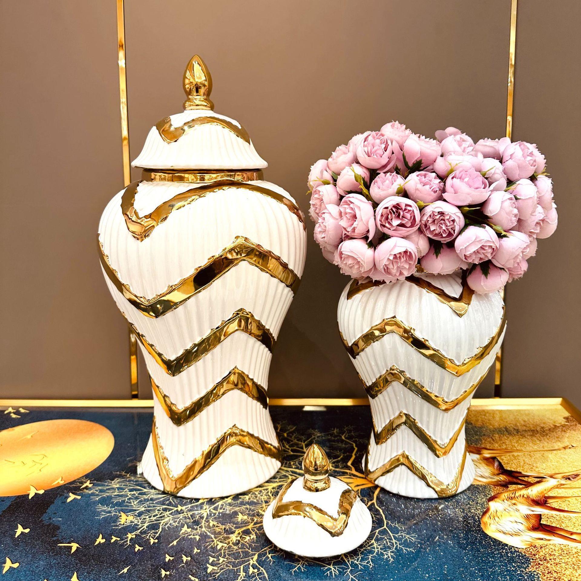 Exit porch decoration European-style electroplated golden ceramic general jar vase decoration light luxury process model room soft mounted golden castle vase full figure