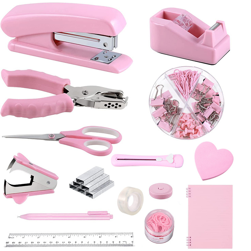 Small order custom pink office stationery set wholesale cross-border stapler scissors book multifunctional binding combination Item Picture