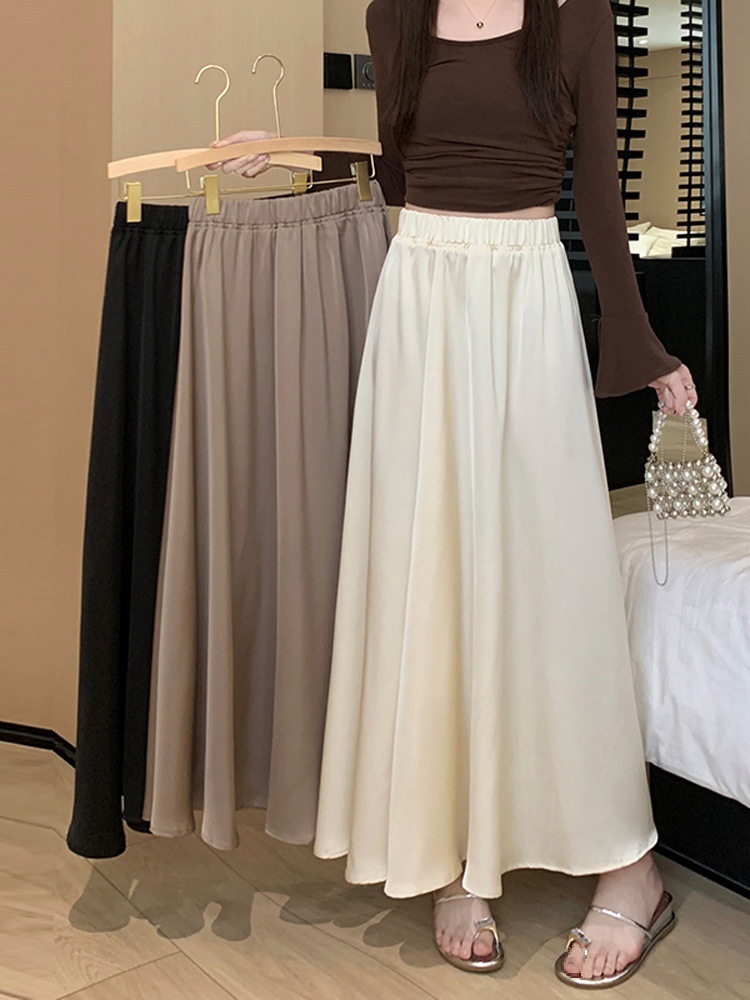 French acetate satin half skirt for women 2024 Spring/Summer pleated long skirt with elastic and tight waist, A-line large swing umbrella skirt