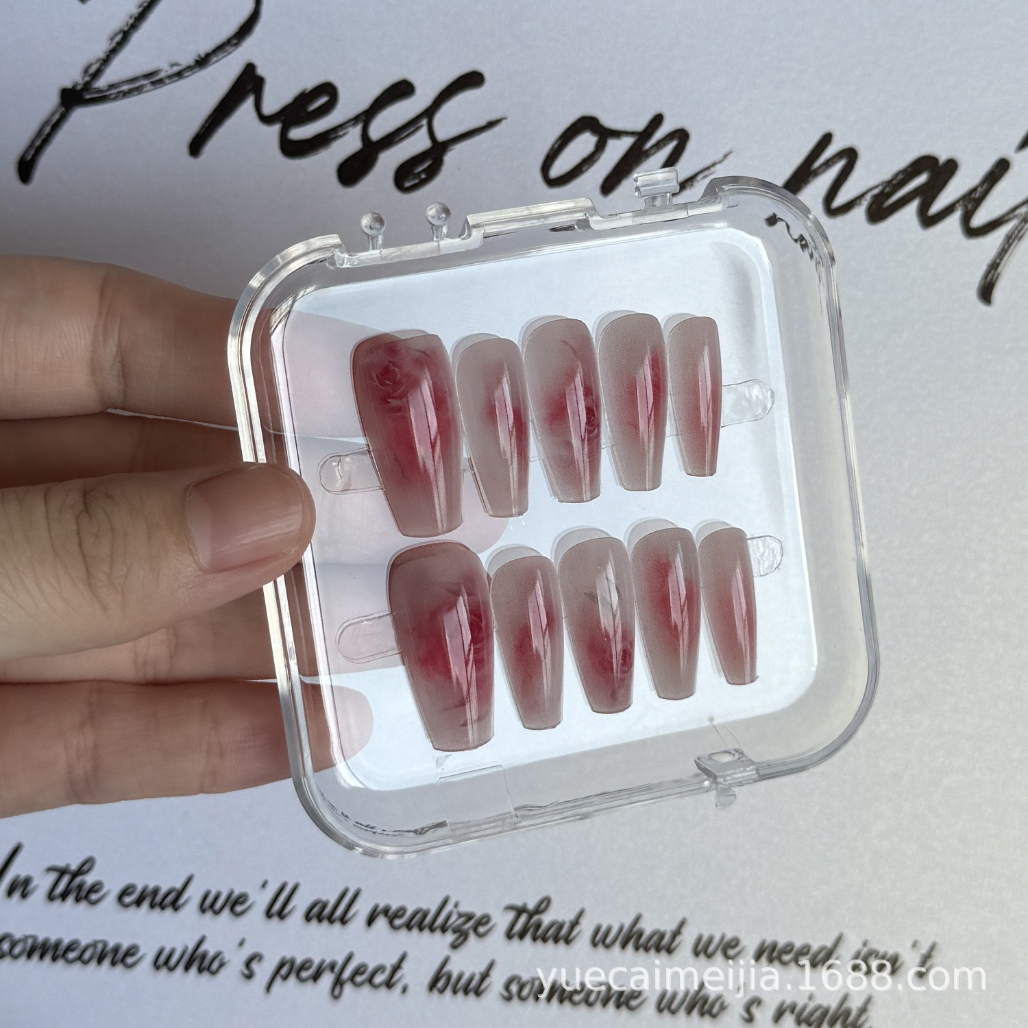 Summer's new high-end handcrafted mid-trapezoidal wearable nail, pink rose nail art, beautiful and elegant mid-trapezoidal nail pieces
