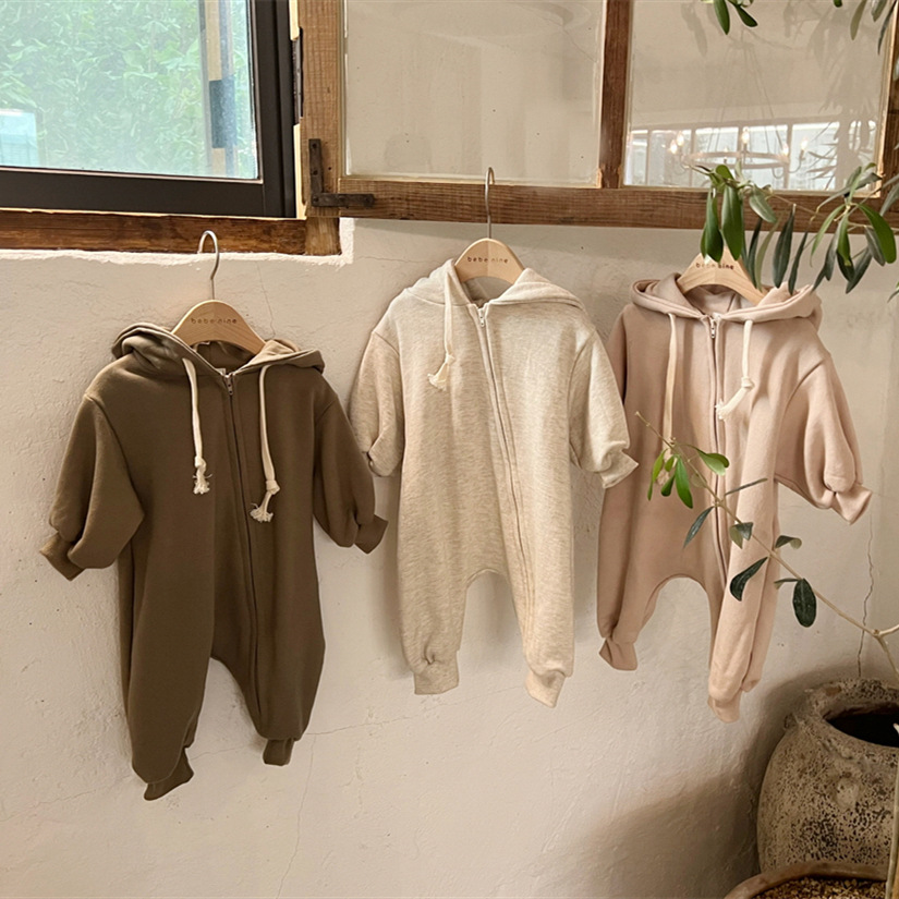 ins春秋婴童宝棉柔斜拉链连帽长袖卫衣连身爬服韩版婴幼儿连体衣