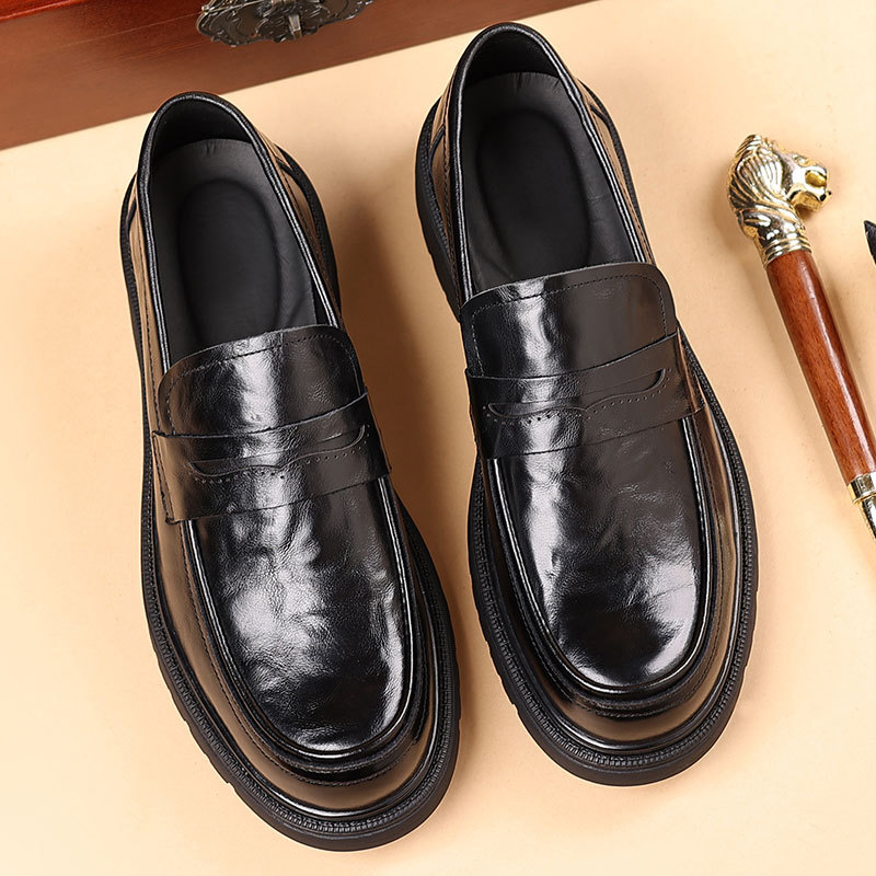 Spring new men's business casual leather shoes made of top-grain cowhide, high-end genuine leather thick-soled single shoes for men, Wenzhou