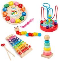 木制儿童早教益智玩具小闹钟敲音琴小绕珠彩虹塔扭扭虫五件套