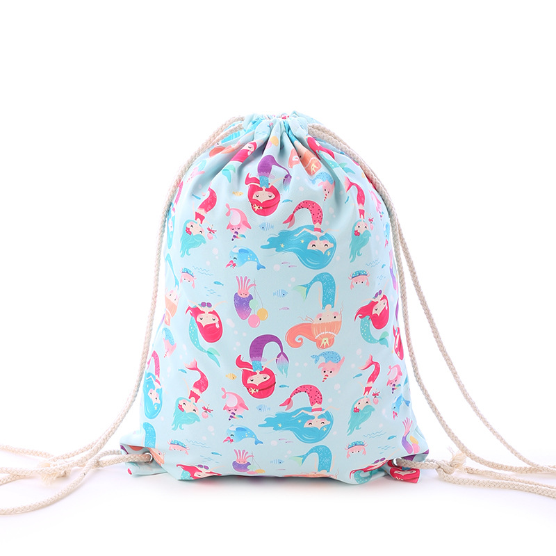 厂家直销涤棉青色小美人鱼帆布袋束口袋收纳袋无底无侧