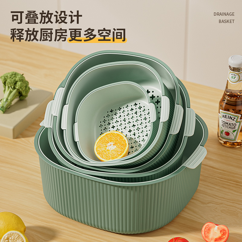 Kitchen Double Drain Basket Plastic Rice Washing Machine Washing Basin Household Living Room Fruit Tray To Wash Fruit And Vegetables Blue Son Specification drawing