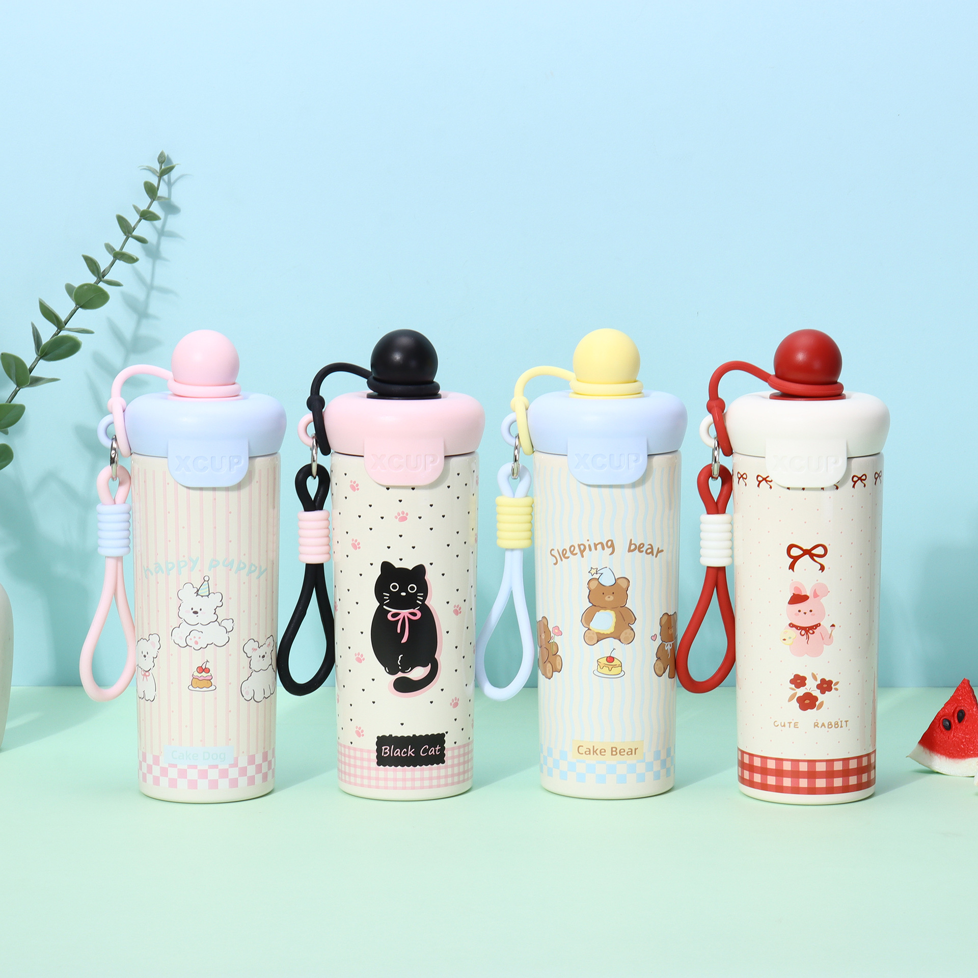 高颜值316不锈钢浮球保温杯新款卡通花茶塑料吸管杯提绳水杯批发