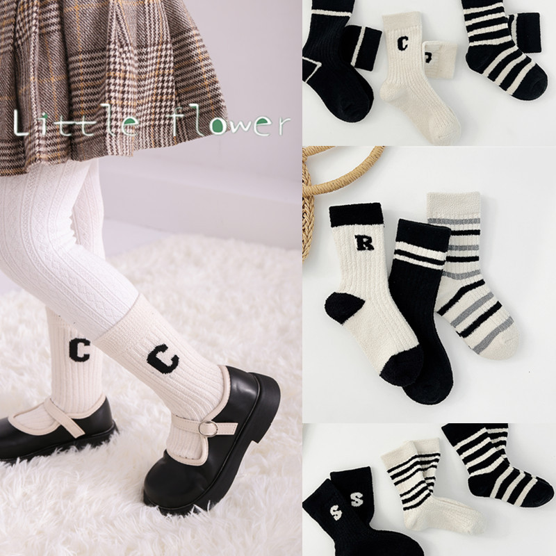 3双装男女童袜子秋冬字母加厚毛圈袜儿童双面绒保暖宝宝中筒袜