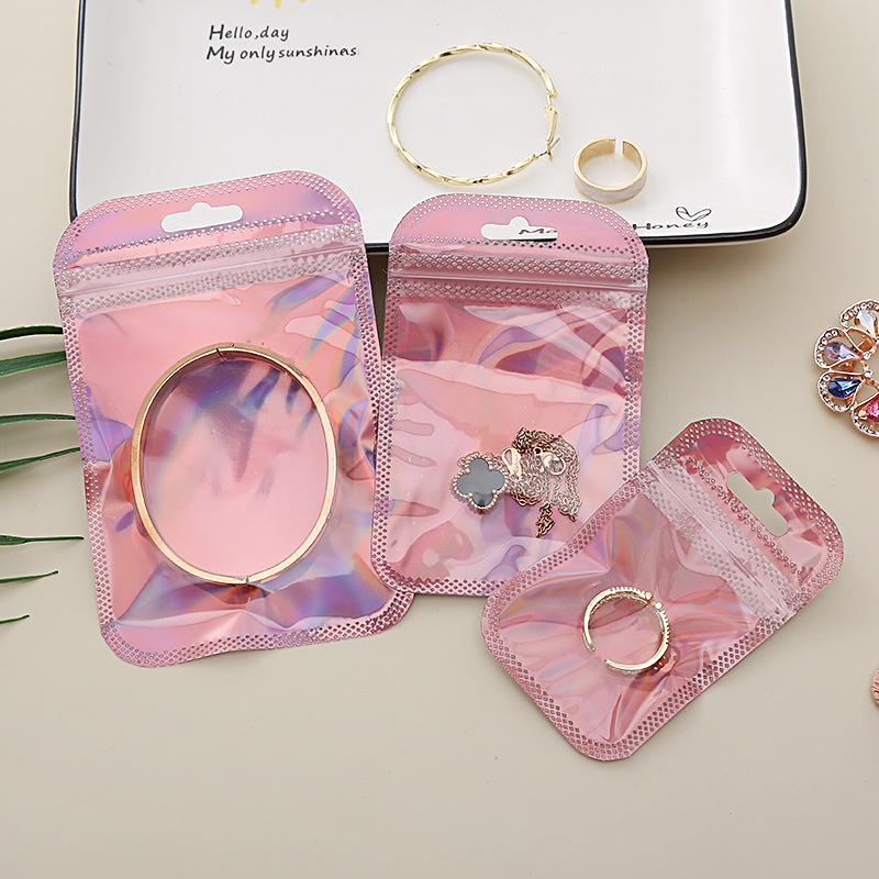 Available Semi-Transparent Flash Ziplock Bag Pink Laser Plastic Nail Makeup Tools Packaging Lock Pocket