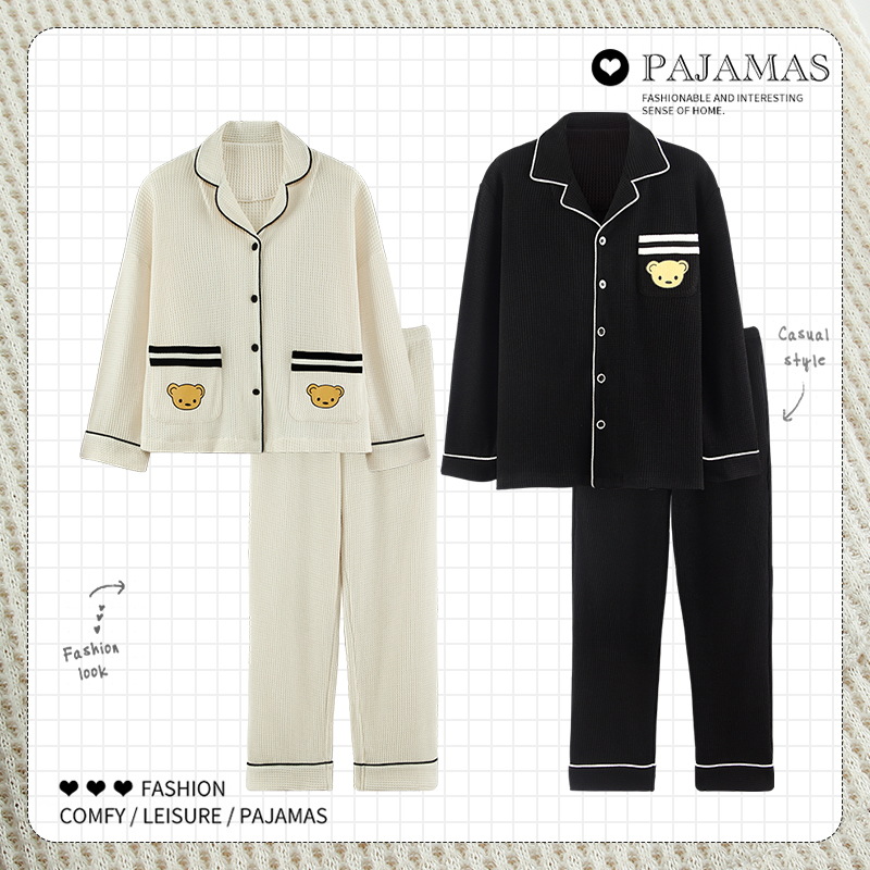 New autumn and winter couple pajamas, women's casual cardigan, cotton long-sleeved men's suit, spring and autumn waffle home wear details Picture