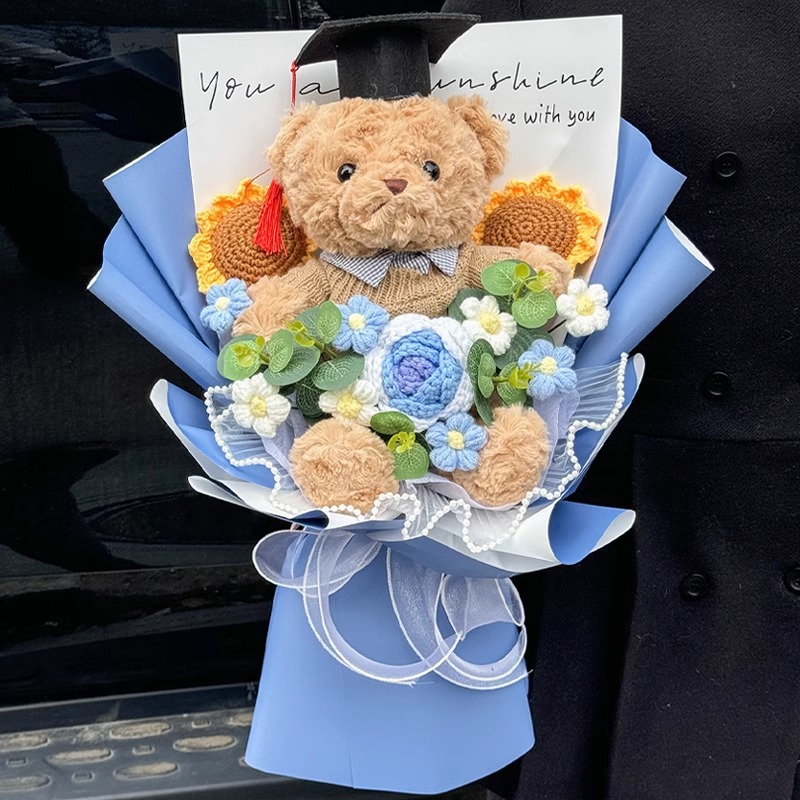国潮创意中高考仿真向日葵玫瑰花束可爱公仔熊玩偶手捧花儿童毕业礼物详情图3