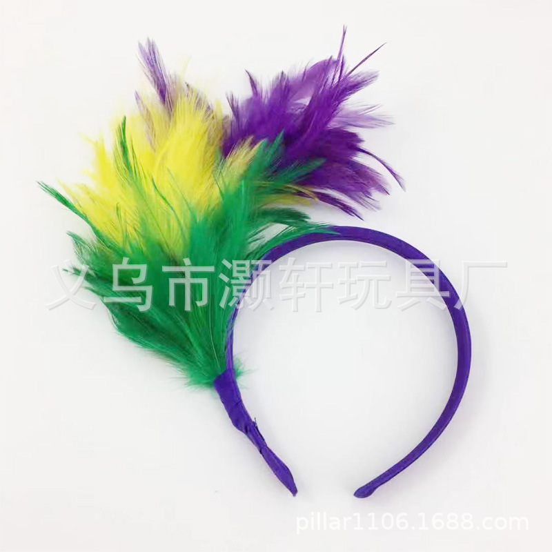 Brazil Carnival feather headband Flash feather headband tricolor purple green yellow feather hair flower silk stocking headband Application Scenario