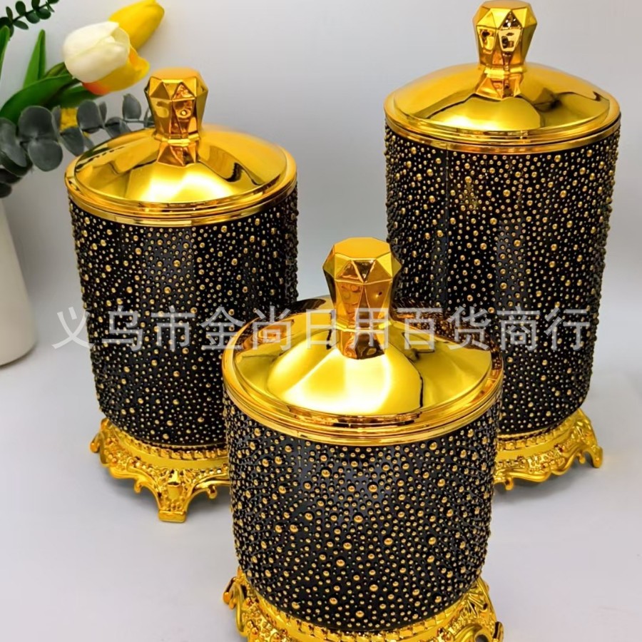 Plastic brick and stone lid, rice bead, golden edge, circular storage tank with a support platform, sealed tank for grains and cereals with a color box Specification image