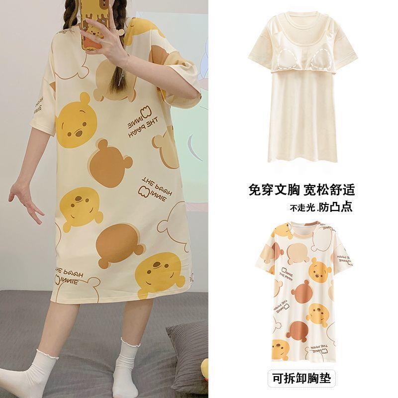Women With Breast Pad Nightdress Summer New Short Sleeve Korean Version Of Loose Student Cartoon Sweet Summer Nightdress Can Be Worn Outside Specification drawing