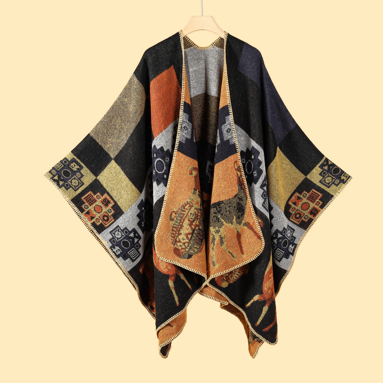 江南水乡文艺旅游披肩秋冬季仿羊绒针织围巾开叉油画披风斗篷外搭详情23