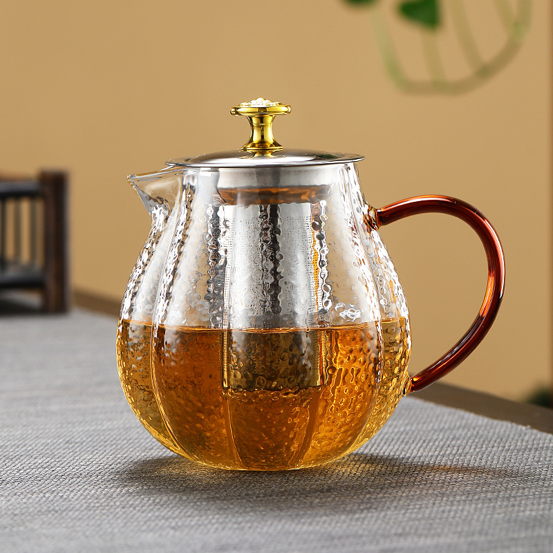 Hammered pumpkin glass teapot, thickened household tea brewer, high-temperature resistant tea set, filter flower teapot, heat-resistant brewing