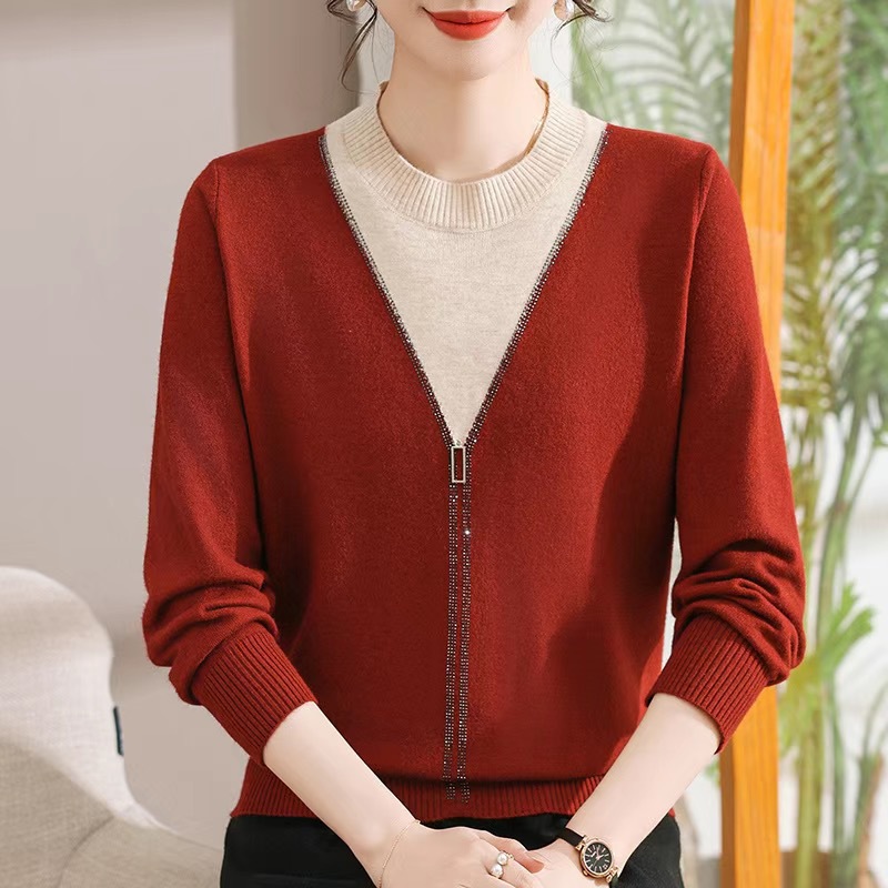 春季新款妈妈装T中老年女士针织衫圆领薄款长袖毛衣宽松婆婆上衣