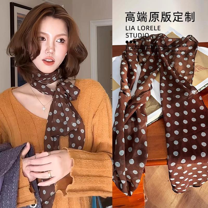 法式复古棕色波点长款丝巾女2025年新款百搭多用发带围巾系脖配饰