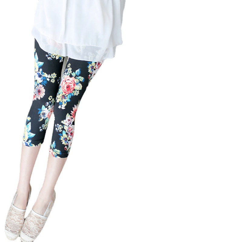 Summer large-sized floral seven-inch pants, women's summer thin printed seven-inch leggings, women's skinny pants, elastic outerwear Item Picture