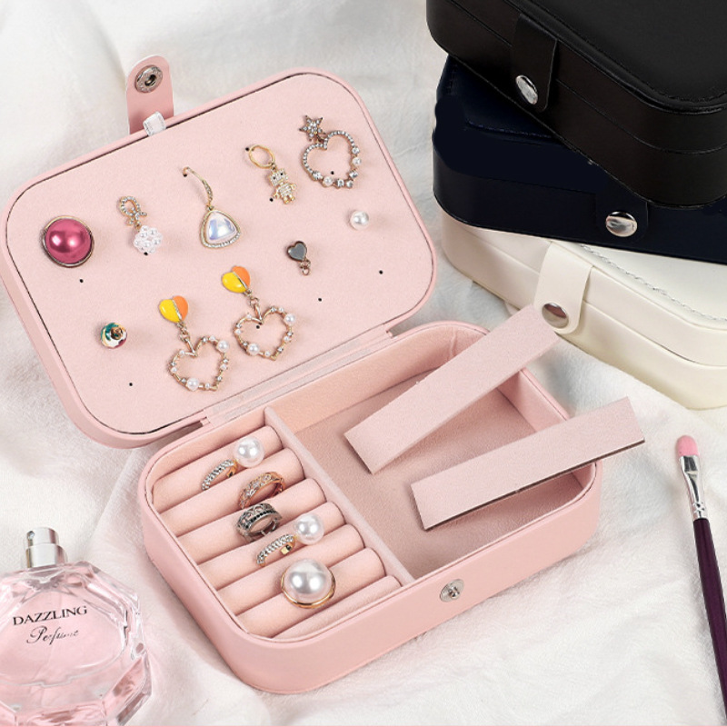 Wholesale of simple high-end jewelry boxes, earrings, necklaces and rings, double-layer portable anti-oxidation jewelry storage boxes details Picture