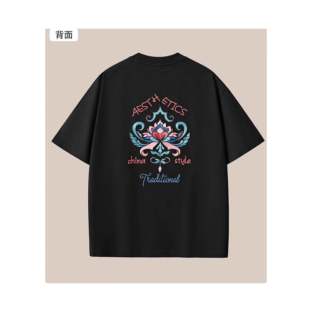 2025 New short-sleeved T-shirt for men, 260 grams, heavy pure cotton, Chinese-style floral embroidery, loose and large-sized men's fashion brand Application Scenario