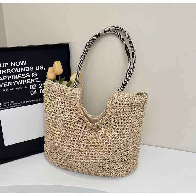 New large-capacity handcrafted single-shoulder woven bag, versatile straw woven bag, women's vacation beach tote bag, hand-held women's bag Item Picture