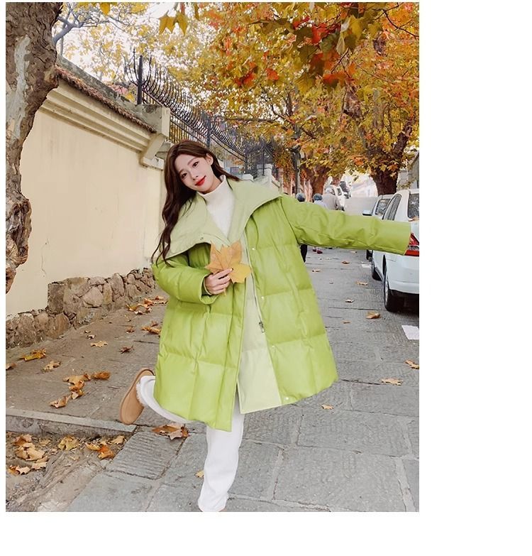 Aguacate verde pato blanco abajo PU piel abajo chaqueta para mujeres estilo mediano largo diseño de nicho sentido influencers estilo explosivo abrigo sin lavado pic 21