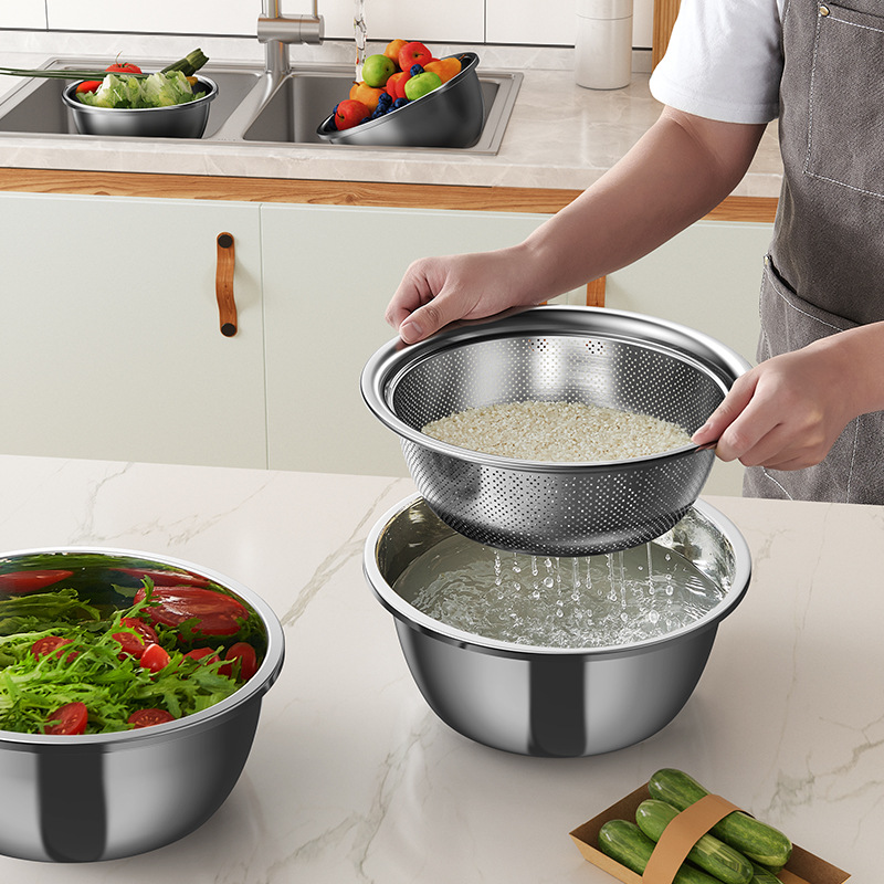 Stainless Steel Basin Large Thickened Whisk And Noodle Washing Basin Drain Basket Drain Soup Basin Kitchen Household Food Grade details Picture