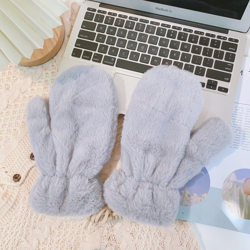 2022 New diy gloves for women, thickened with fleece, cute for cycling, warm and windproof, neckline with fingers, fleece Korean version Specification image