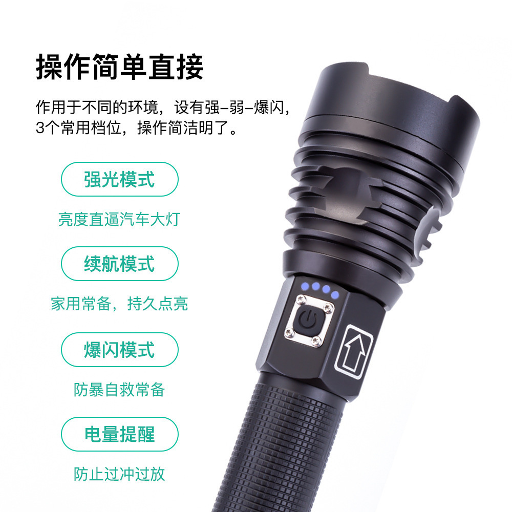 跨境XHP90强光手电筒 USB充电户外防水电量显示大功率LED手电筒详情图4