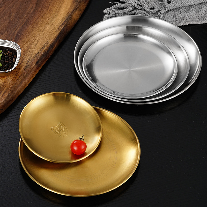 Korean Stainless Steel Plate Disc Golden Tray Bone Spitting Dish Hotel Restaurant Hot Pot Restaurant Barbecue Platter Commercial Application Scenario
