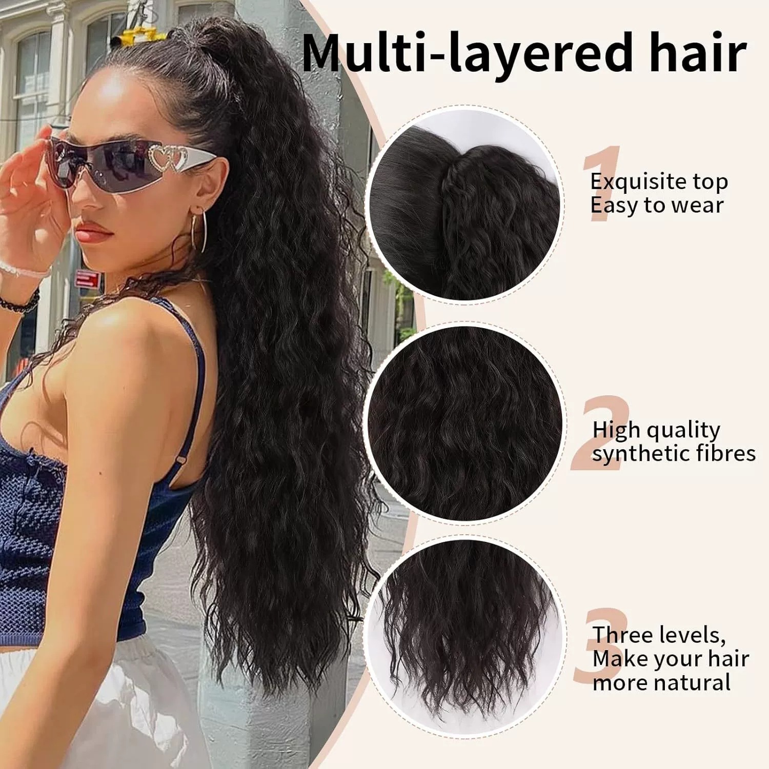 شعره المستعار 30inch ذيل الخيل المموج طويل الشعر منفوش ذو ذيل الحصان بنيايل هاير Specification image