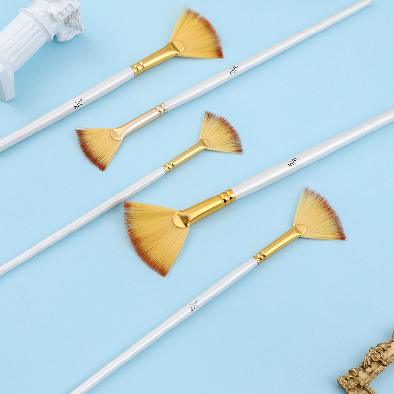 Boyi Xuan Pearl White Five-piece Set Wooden Art Materials Manufacturer Wholesale Nylon Gouache Acrylic fan-shaped brushes Specification image
