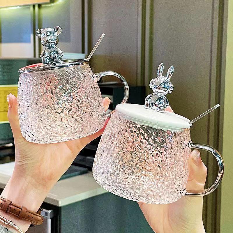 Net Red Bear Hammer Print Water Cup Ladies Coffee Drink Cup High Appearance Level Home Breakfast Glass With Handle Hair Replacement