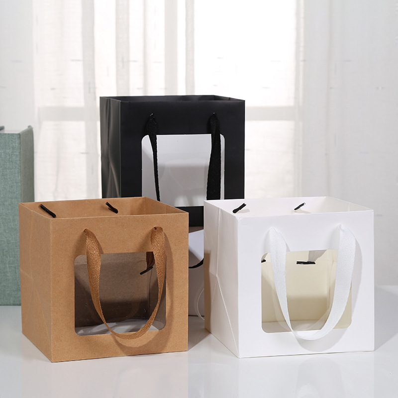 开窗方形牛皮纸袋透明手提蛋糕饰品包装袋生日礼物盒盆栽鲜花纸盒