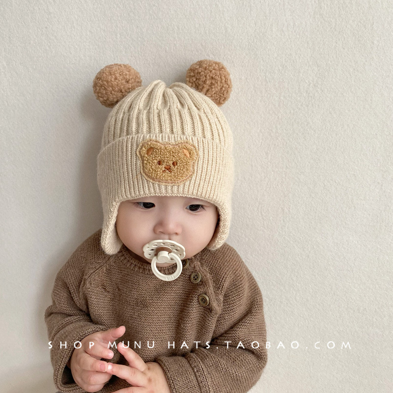 宝宝毛线帽子可爱小熊护耳帽儿童冬季加厚保暖针织帽韩版婴幼儿帽
