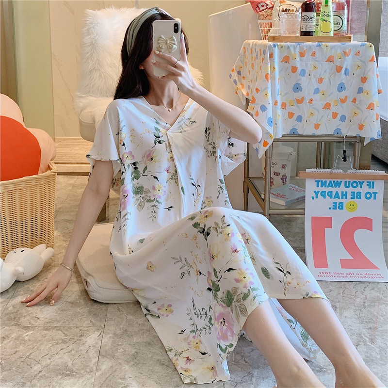 Cotton silk nightdress women's summer new short sleeve cartoon print pajamas Korean version large size loose silk home wear thin details Picture