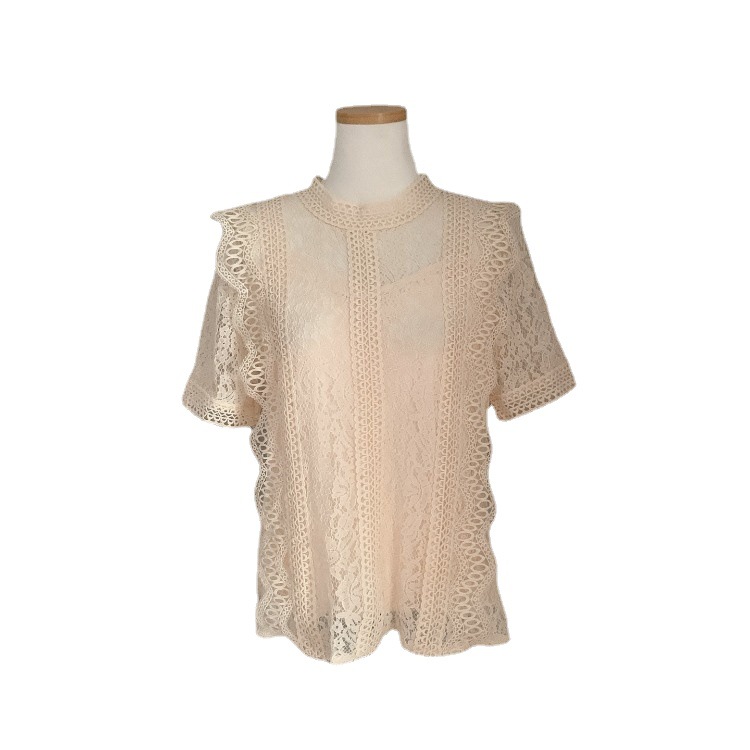 Gentle fairy loose round-neck lace short-sleeved top for women, new Korean style ruffled stylish shirt for women in summer Item Picture